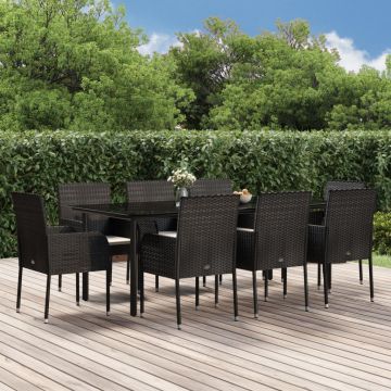 vidaXL Set mobilier de grădină cu perne, 9 piese, negru, poliratan