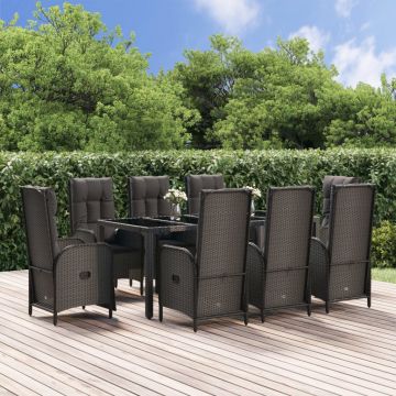 vidaXL Set mobilier de grădină cu perne, 9 piese, negru, poliratan