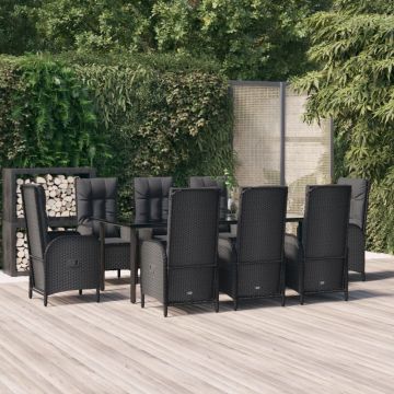 vidaXL Set mobilier de grădină cu perne, 9 piese, negru, poliratan