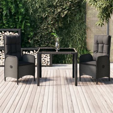 vidaXL Set mobilier de grădină cu perne, 3 piese, negru, poliratan