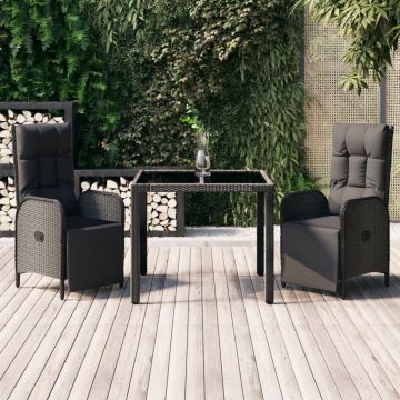 vidaXL Set mobilier de grădină cu perne, 3 piese, negru, poliratan