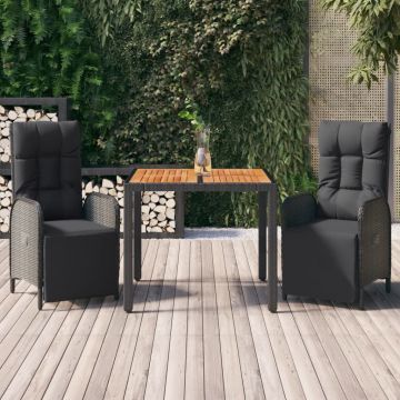 vidaXL Set mobilier de grădină cu perne, 3 piese, negru, poliratan