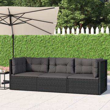 vidaXL Set mobilier de grădină cu perne, 3 piese, negru, poliratan