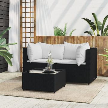 vidaXL Set mobilier de grădină cu perne, 3 piese, negru, poliratan