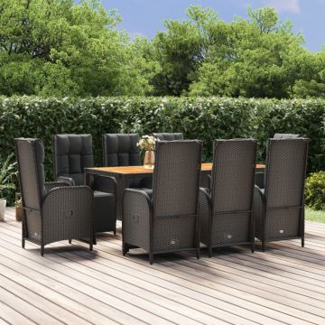 vidaXL Set mobilier de grădină cu perne, 9 piese, negru, poliratan