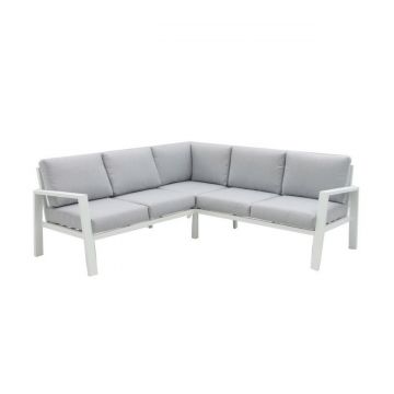 Canapea de colt pentru gradina 5 locuri Thais, 195 x 195 x 73.6 cm, aluminiu, alb