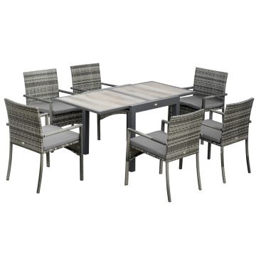 Set pentru gradina 7 buc. Outsunny cu masa extensibila, 6 scaune, ratan PE cu perne, gri, maro | Aosom RO