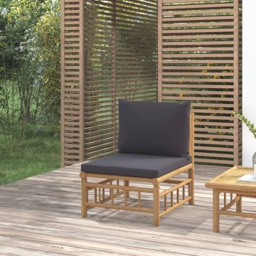 vidaXL Canapea de mijloc de grădină, perne gri închis, bambus