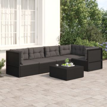 vidaXL Set șezlonguri de grădină, 5 piese, cu perne, negru, poliratan