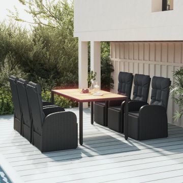 vidaXL Set masă pentru grădină, 7 piese, negru, poliratan/lemn acacia