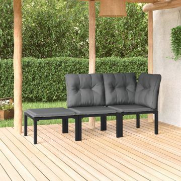 vidaXL Set mobilier de grădină cu perne, 3 piese, negru/gri, poliratan