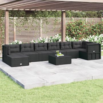 vidaXL Set mobilier de grădină cu perne, 8 piese, negru, poliratan