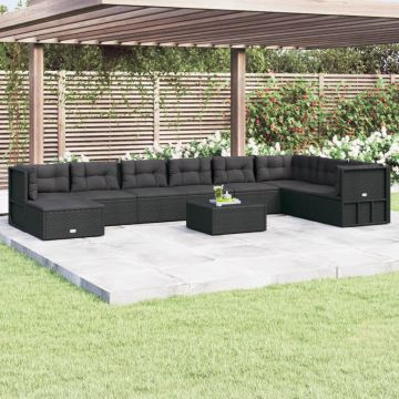 vidaXL Set mobilier de grădină cu perne, 9 piese, negru, poliratan