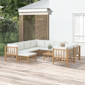vidaXL Set mobilier de grădină, cu perne alb crem, 10 piese, bambus