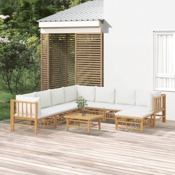 vidaXL Set mobilier de grădină, cu perne alb crem, 9 piese, bambus