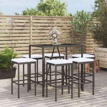vidaXL Set bar de grădină, 7 piese, cu perne, negru, poliratan