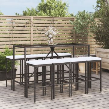 vidaXL Set mobilier bar de grădină cu perne, 9 piese, negru, poliratan