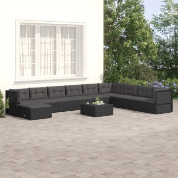 vidaXL Set mobilier de grădină cu perne, 10 piese, negru, poliratan