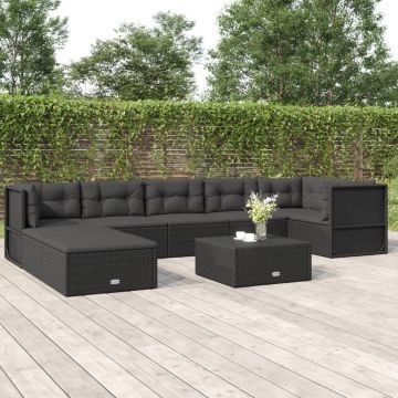 vidaXL Set mobilier de grădină cu perne, 8 piese, negru, poliratan