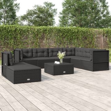 vidaXL Set mobilier de grădină cu perne, 8 piese, negru, poliratan