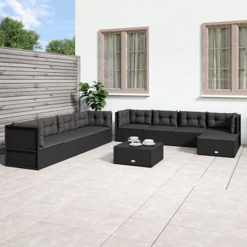 vidaXL Set mobilier de grădină cu perne, 9 piese, negru, poliratan