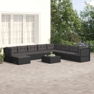 vidaXL Set mobilier de grădină cu perne, 9 piese, negru, poliratan