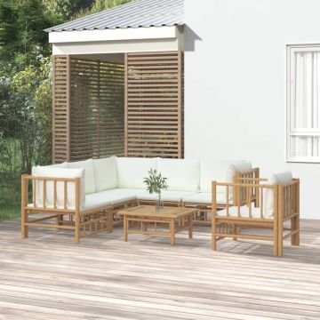 vidaXL Set mobilier de grădină cu perne alb crem, 7 piese, bambus