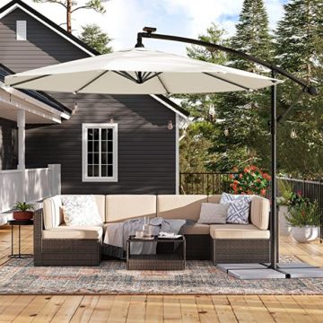 Umbrela De Soare Cu Lumini Led Cu Energie Solară, Manivela Pentru Deschidere Si Închidere, Bej, 300 X 245 Cm
