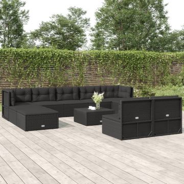 vidaXL Set mobilier de grădină cu perne, 10 piese, negru, poliratan