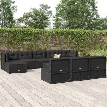 vidaXL Set mobilier de grădină cu perne, 10 piese, negru, poliratan