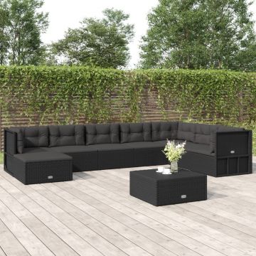 vidaXL Set mobilier de grădină cu perne, 8 piese, negru, poliratan