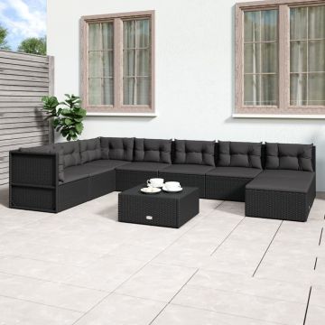 vidaXL Set mobilier de grădină cu perne, 8 piese, negru, poliratan