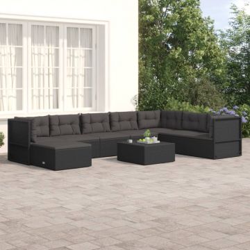 vidaXL Set mobilier de grădină cu perne, 8 piese, negru, poliratan