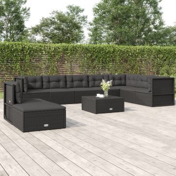 vidaXL Set mobilier de grădină cu perne, 9 piese, negru, poliratan