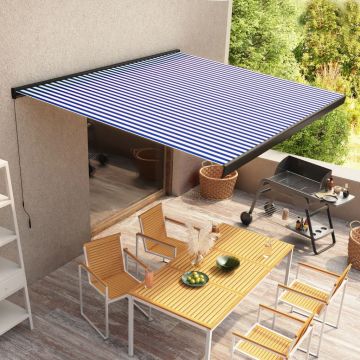 vidaXL Copertină manuală tip casetă, albastru și alb, 350 x 250 cm vidaXL Copertină manuală tip casetă, albastru și alb, 350 x 250 cm