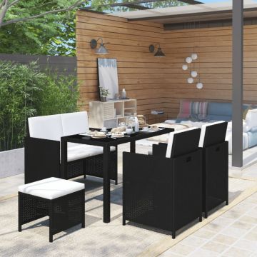vidaXL Set mobilier de exterior cu perne, 6 piese, negru, poliratan