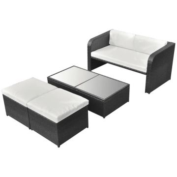 vidaXL Set mobilier de grădină cu perne, 4 piese, negru, poliratan