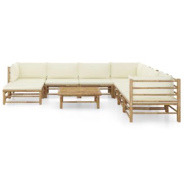 vidaXL Set mobilier de grădină, cu perne alb crem, 9 piese, bambus