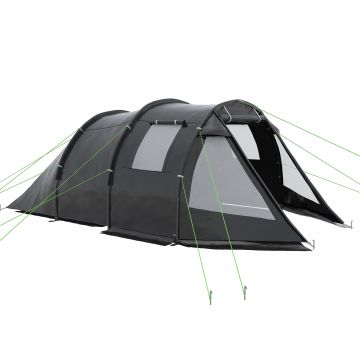 Outsunny Cort Tunel pentru 3-4 Persoane, Cort de Camping cu Doua Camere, cu Ferestre si Obloane, Geanta de Transport Portabila, pentru Pescuit, Drumetii, Sport, Festival, Negru | Aosom Romania
