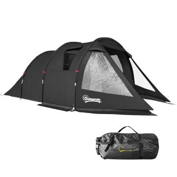 Outsunny Cort Tunel pentru 3-4 Persoane, Cort de Camping cu Doua Camere, cu Ferestre si Obloane, Geanta de Transport Portabila, pentru Pescuit, Drumetii, Sport, Festival, Negru | Aosom Romania