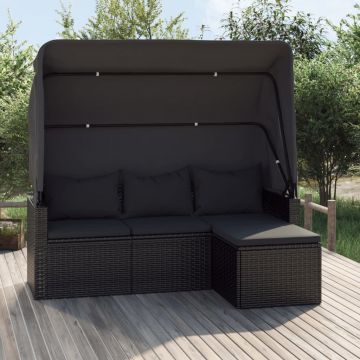 vidaXL Canapea grădină 3 locuri cu acoperiș și taburet negru poliratan