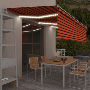 vidaXL Copertină automată cu stor LED senzor vânt, oranj/maro, 6x3 m