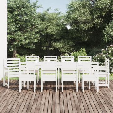 vidaXL Set de masă pentru grădină, 11 piese, alb, lemn masiv de pin