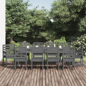 vidaXL Set de masă pentru grădină, 11 piese, gri, lemn masiv de pin