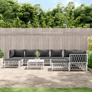 vidaXL Set mobilier de grădină, 10 piese, cu perne, alb, oțel