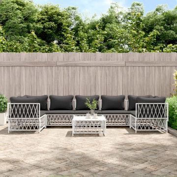 vidaXL Set mobilier de grădină, 8 piese, cu perne, alb, oțel
