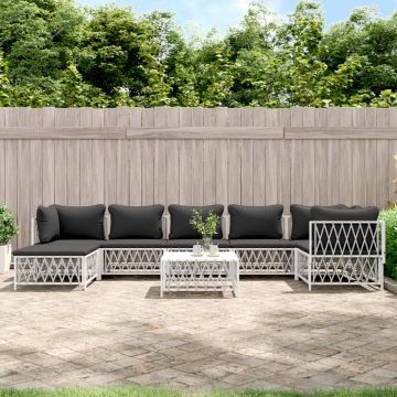 vidaXL Set mobilier de grădină, 8 piese, cu perne, alb, oțel