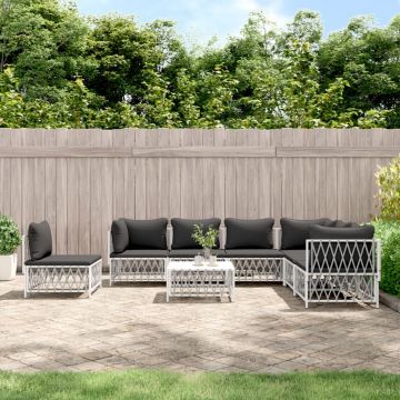 vidaXL Set mobilier de grădină, 8 piese, cu perne, alb, oțel