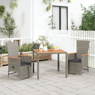 vidaXL Set mobilier de grădină cu perne, 3 piese, gri, poliratan