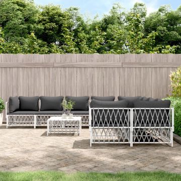 vidaXL Set mobilier de grădină cu perne, 9 piese, alb, oțel